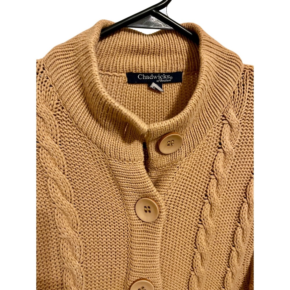 Vintage Chadwick's Cable Knit Longline Cardigan Sweater Camel Tan Size Large - Picture 4 of 10